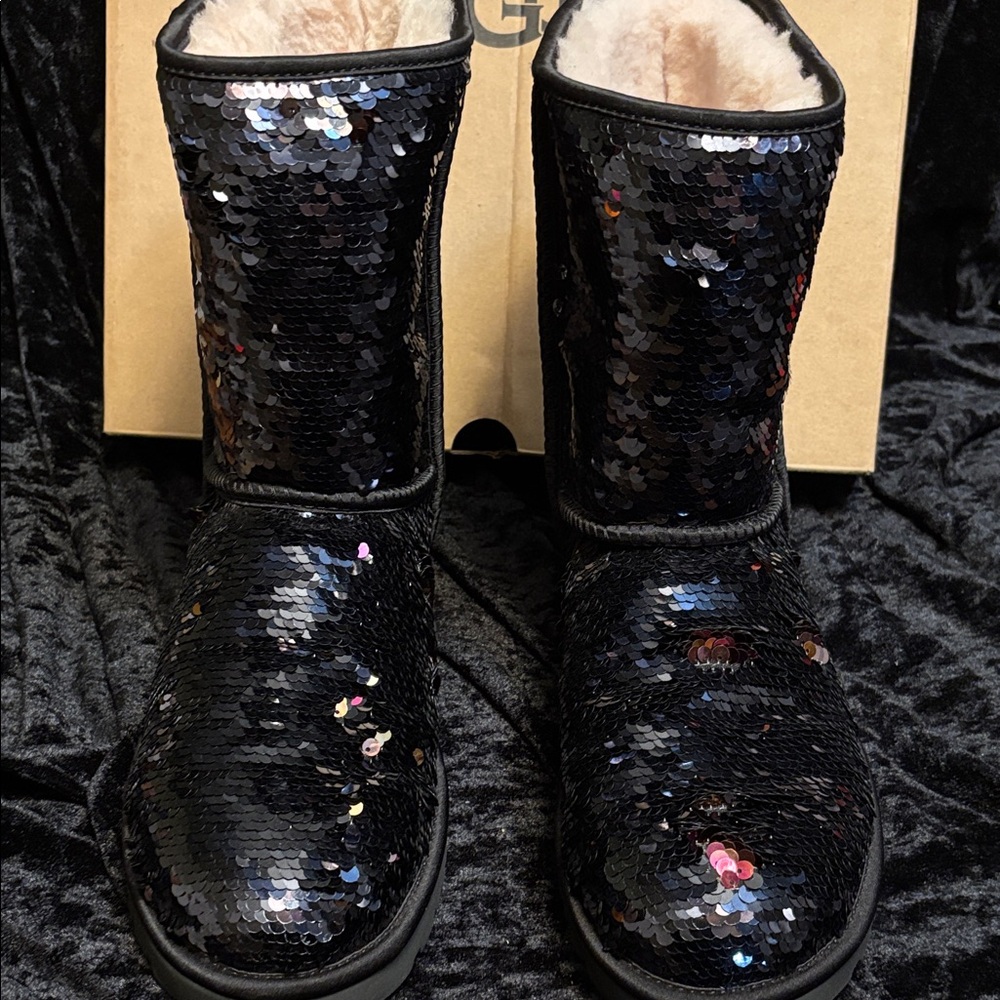 UGG Black Sequin Mid-Calf Boots with Iridescent Accents